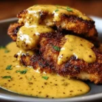 Baked pretzel chicken with mustard-cheddar sauce served with roasted vegetables.