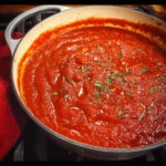 Bowl of homemade quick and easy marinara sauce garnished with fresh parsley