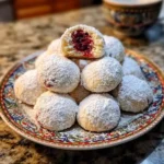 Freshly baked raspberry filled almond snowball cookies dusted with powdered sugar