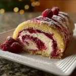 Whole raspberry swirl Christmas roll on a serving platter with mint and berries