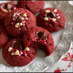 Easy Hershey’s Red Velvet Blossoms Cookies with chocolate kisses on a plate