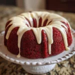 Red Velvet Cream Cheese Bundt Cake with glaze on a serving plate