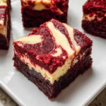 Freshly baked red velvet cheesecake brownies with a creamy swirl in a baking pan