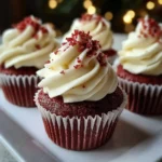 Classic red velvet cupcakes with cream cheese frosting on a cooling rack