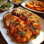 Roasted citrus herb turkey breast with fresh herbs and citrus slices