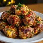 Golden baked Rotel sausage balls on a serving plate
