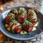 Close-up of golden baked savory mustard Hasselback kielbasa bites