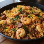 Shrimp Sausage Dirty Rice cooked in a skillet with vegetables and spices