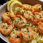 Quick Shrimp Scampi served over spaghetti with lemon and parsley