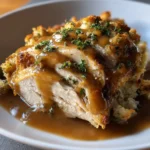 Easy slow cooker chicken with gravy and stuffing in a serving dish