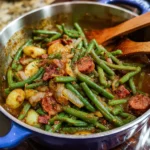 Creamy smothered Cajun green beans in a serving dish