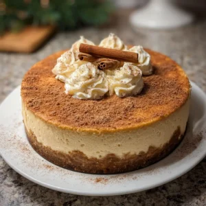 Slice of creamy snickerdoodle cheesecake topped with cinnamon sugar and whipped cream.