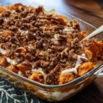 Southern maple sweet potato casserole with buttery pecan topping