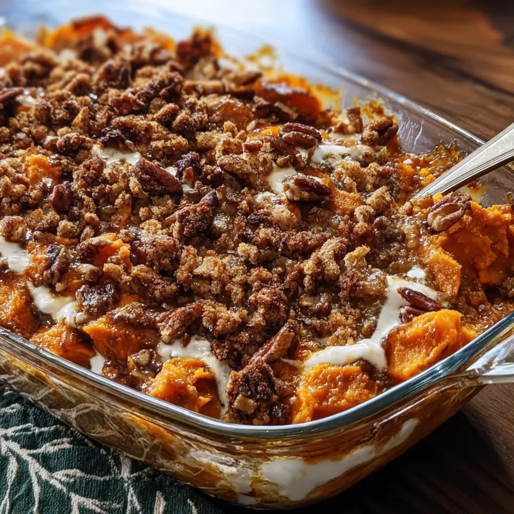 Southern Maple Sweet Potato Casserole 3 Southern maple sweet potato casserole with buttery pecan topping