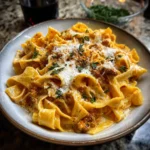 Spicy Creamy Pappardelle Pasta topped with fresh parsley and grated Parmesan