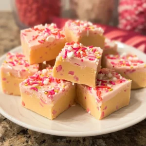 Creamy sugar cookie fudge squares on a serving plate
