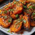 Crispy sweet and spicy smashed sweet potatoes topped with parsley