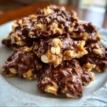 Close-up view of homemade toffee peanut clusters with smooth chocolate coating
