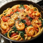 Tomato Spinach Shrimp Pasta in a white bowl topped with fresh basil