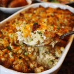 Turkey & Dressing Casserole baked with golden breadcrumb topping