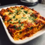 Baked turkey lasagna with golden cheese on top in a casserole dish