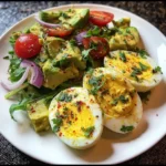 Bowl of creamy egg and avocado salad with cherry tomatoes and spinach
