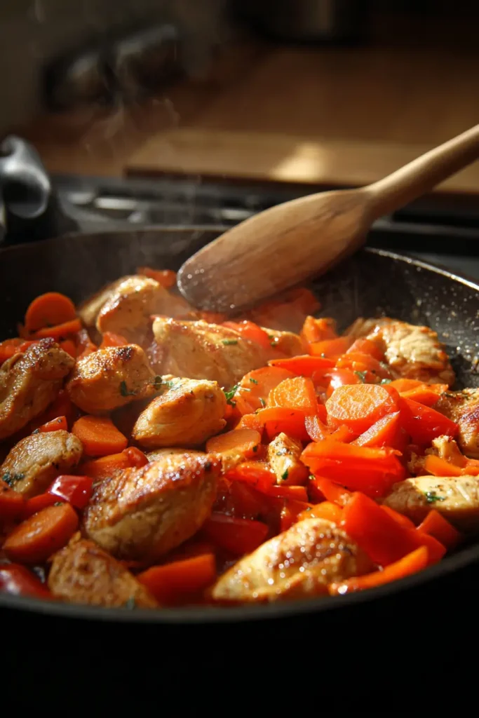 Stir-frying chicken and vegetables for Bang Bang Fried Rice