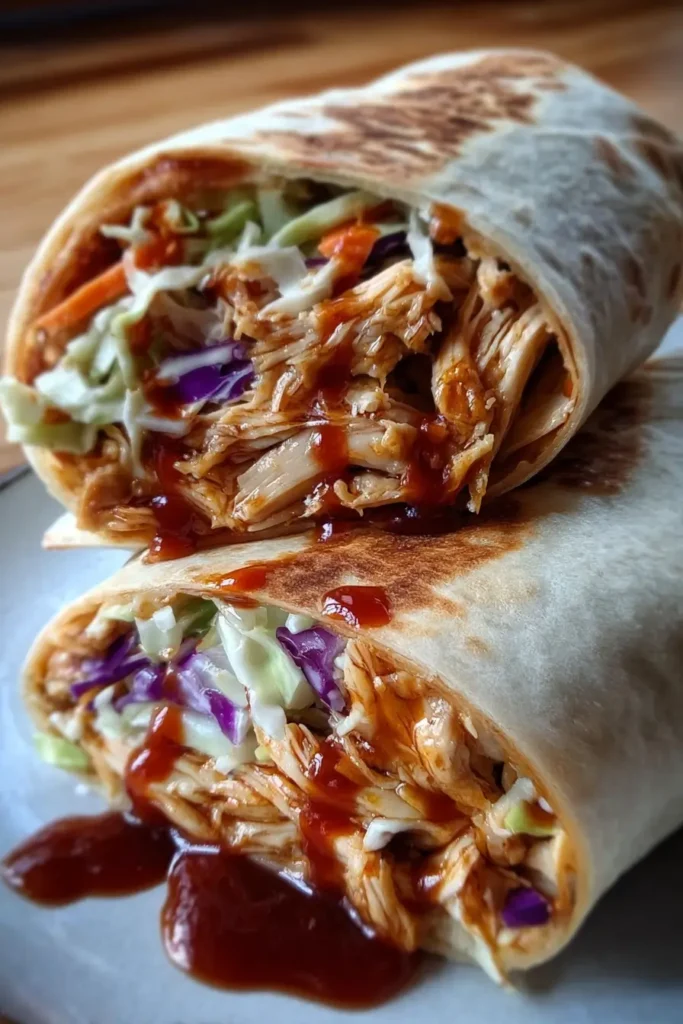 BBQ Chicken Coleslaw Wraps – Easy, Flavorful & Family-Friendly 3 Plated BBQ Chicken Coleslaw Wraps served with fresh salad