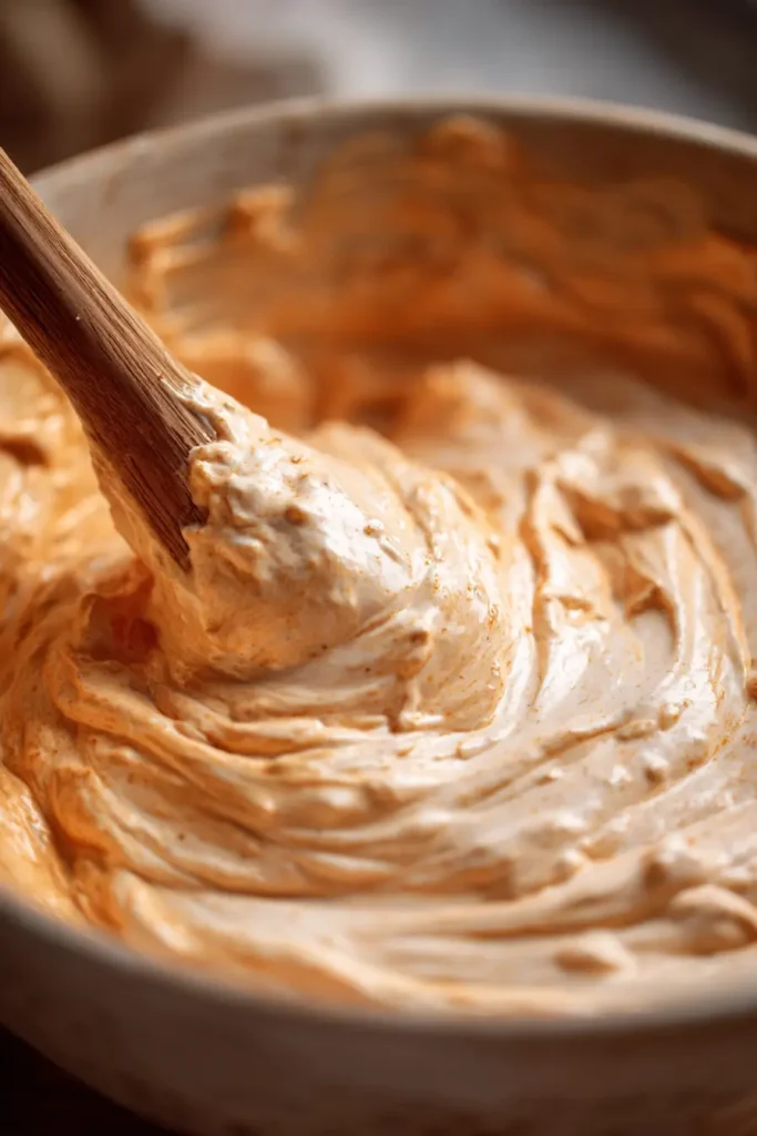 Mixing ingredients for Buffalo Chicken Dip