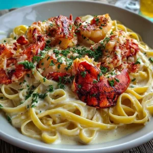 Cajun Seafood Alfredo with Lobster and Crab served in a white bowl