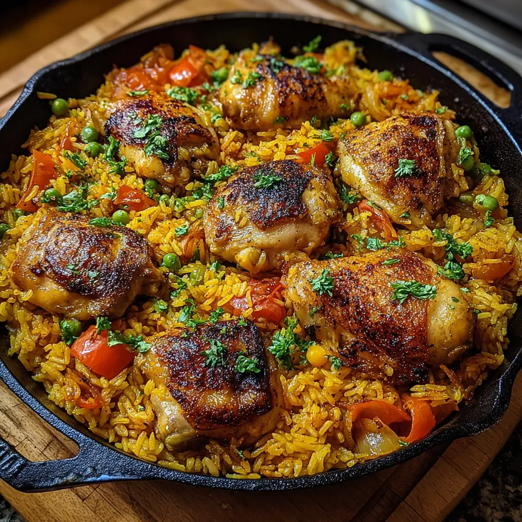 Plated Caribbean Chicken and Rice with spiced chicken and colorful vegetables.