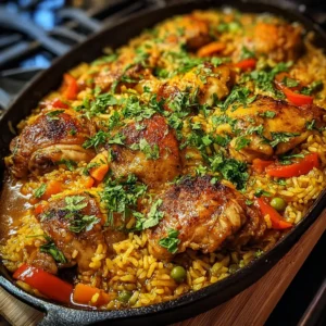 Caribbean chicken and rice in a pot with tender seasoned chicken and fluffy island-style rice.