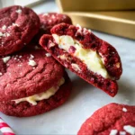 Cheesecake Stuffed Red Velvet Cookies on a white plate, showing creamy centers