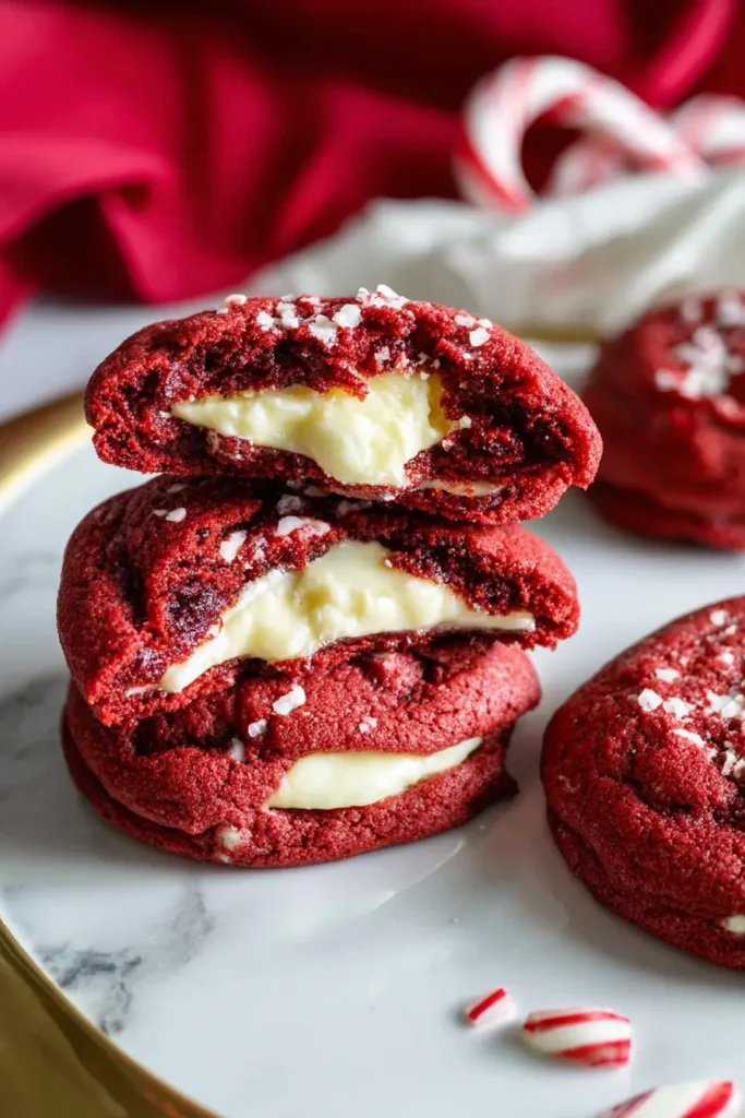 Cheesecake Stuffed Red Velvet Cookies – Soft, Creamy, and Delicious 6 Cheesecake Stuffed Red Velvet Cookies served on a decorative plate