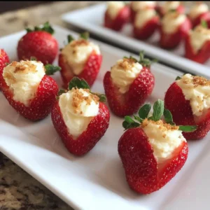 Plate of cheesecake stuffed strawberries ready to serve