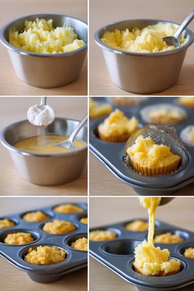 Cheesy Mashed Potato Puff Bites – Easy, Delicious, Family-Friendly Recipe 5 Step-by-step process mixing mashed potatoes, cheese, and seasoning for puff bites