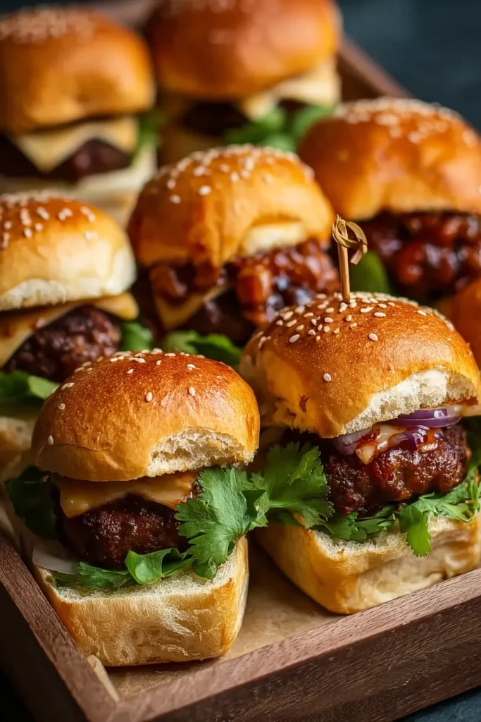 Mini Burgers for Game Day – Easy & Delicious Sliders 4 Cheesy mini sliders on a serving tray