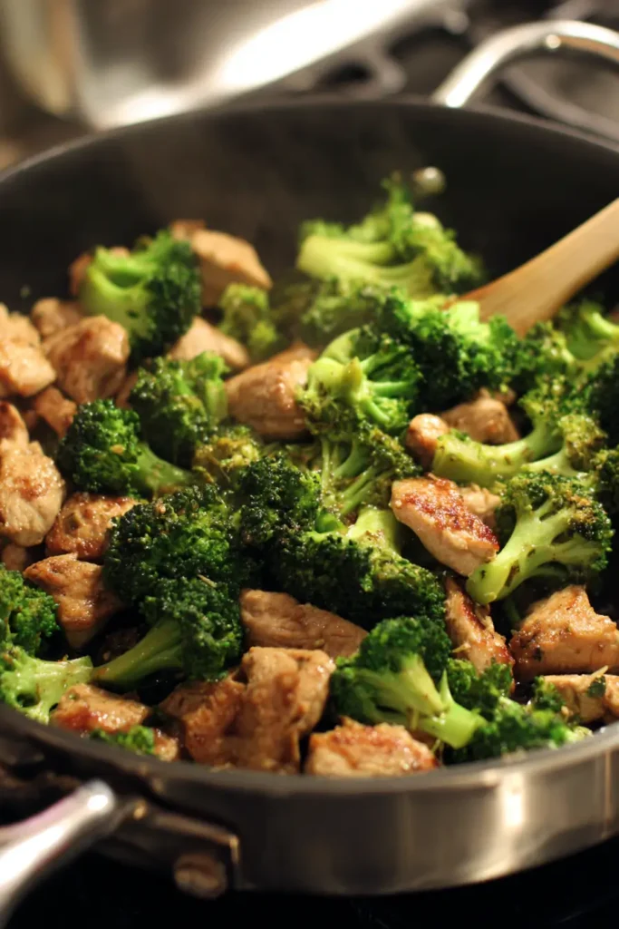 Cooking Chinese Chicken and Broccoli in a skillet