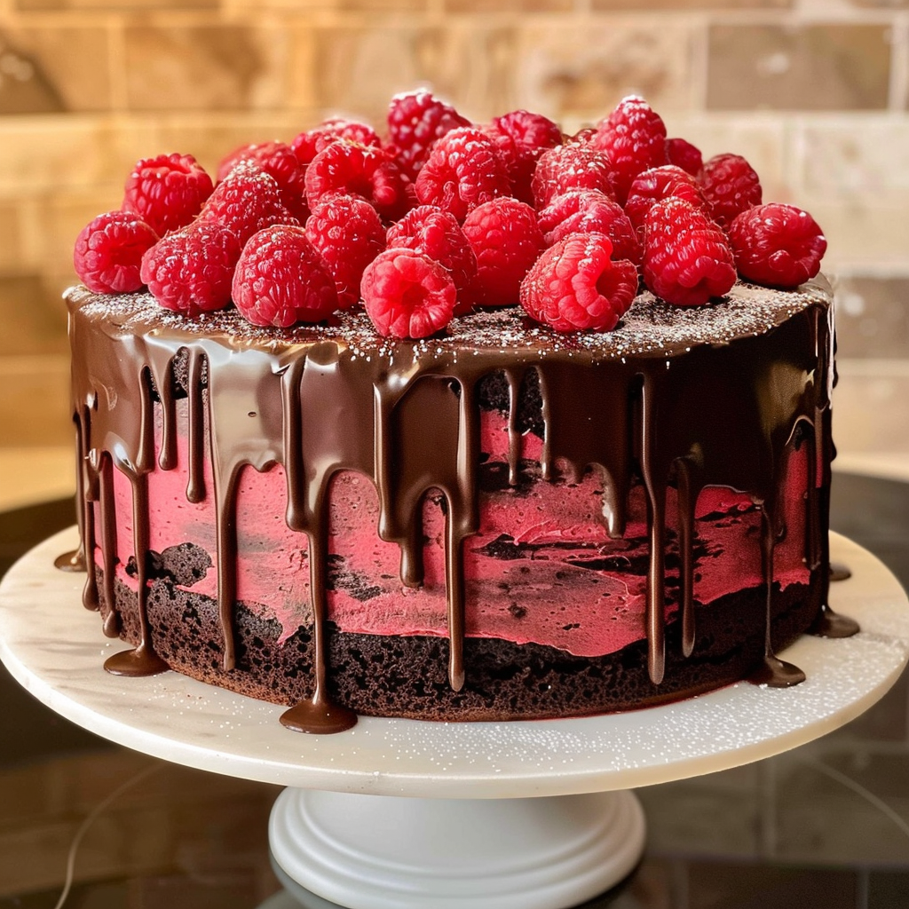 Chocolate Raspberry Cake with ganache and fresh raspberries