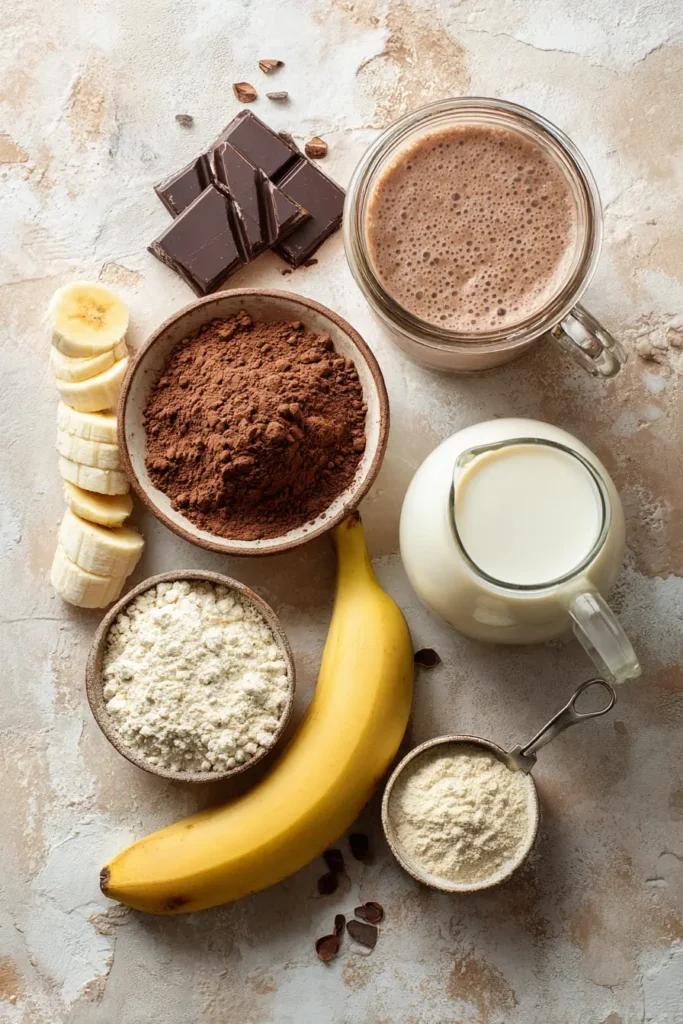 Ingredients for chocolate smoothie healthy recipe laid out