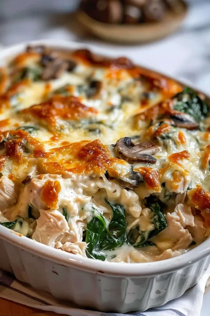 Cottage Cheese Chicken Casserole Recipe with Mushrooms and Spinach 3 Serving of cottage cheese chicken casserole on a plate