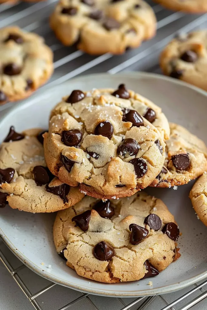 Cottage cheese chocolate chip cookies served on a plate with milk