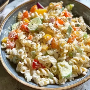 Creamy cottage cheese pasta salad in a bowl