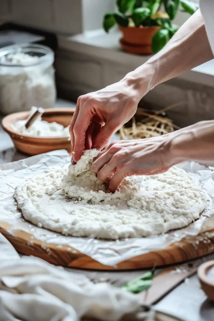 Cottage Cheese Pizza Crust Recipe 5 Shaping cottage cheese pizza crust dough on a pan