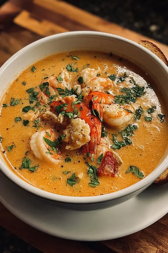 Crab and shrimp seafood bisque served with garlic bread
