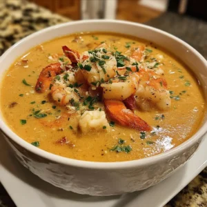 Crab and shrimp seafood bisque in a bowl with parsley garnish