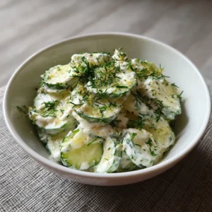 Fresh creamy cucumber salad in a white bowl