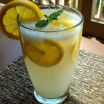 Creamy Lemonade Bliss Healthy served in a glass with ice and lemon slices