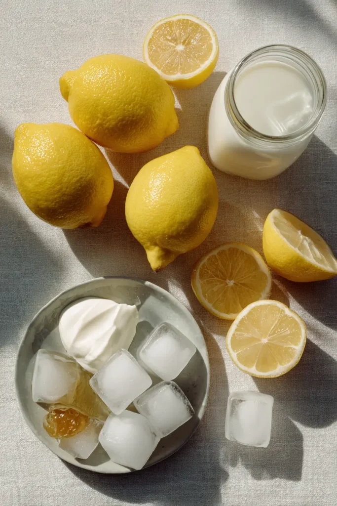 Ingredients for Creamy Lemonade Bliss Healthy laid out on table