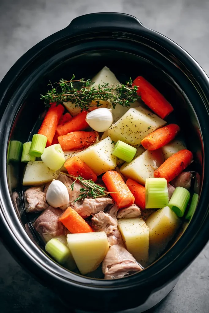 Top-down view of a crockpot being filled with chopped carrots, potatoes, celery, onions, and raw chicken thighs surrounded by measured bowls of garlic and herbs